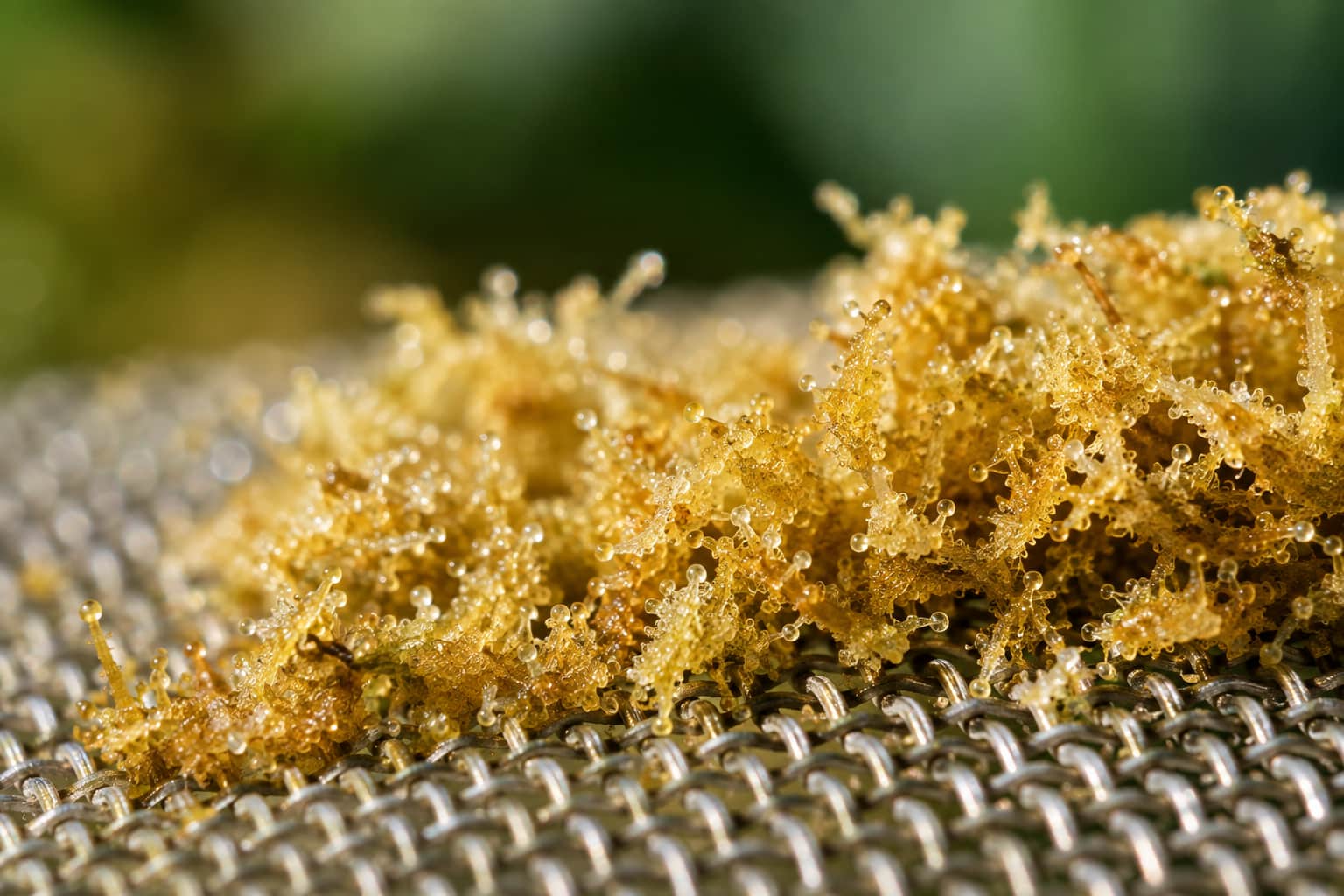 Detalle de hachís dry prensado con textura resinosa y polvo fino